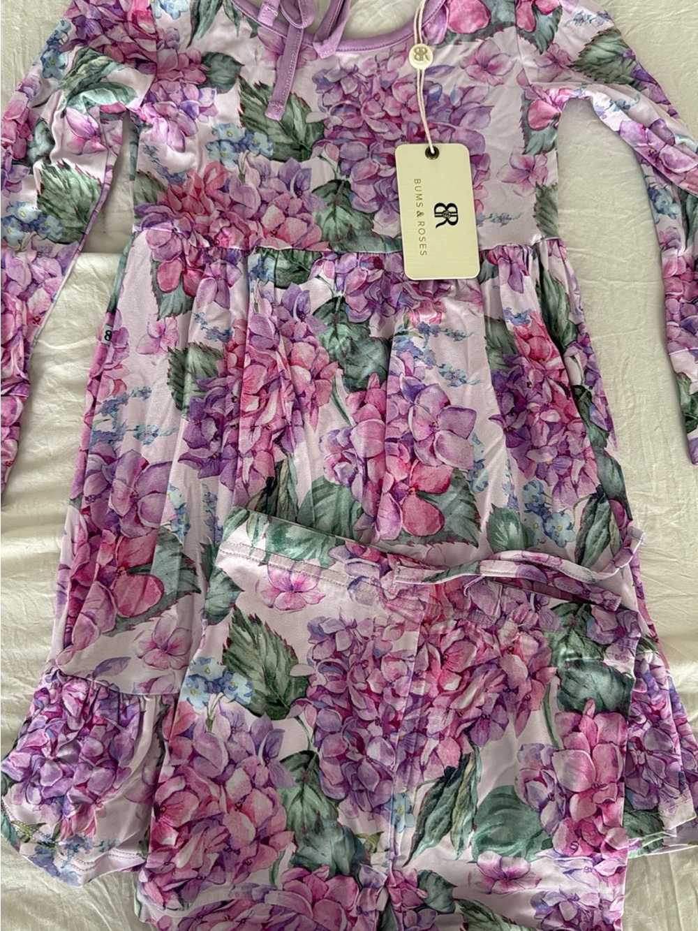 Bums & Roses Girls' Lavender Hydrangea Floral Long-Sleeve Dress and shorts